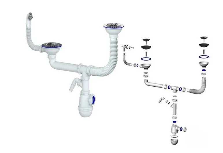 Сифон двойной GRAND+ 3 1/2" телескоп. труб. с поворот. чашей, круг перелив. и отвод (СН 3143-11-40)